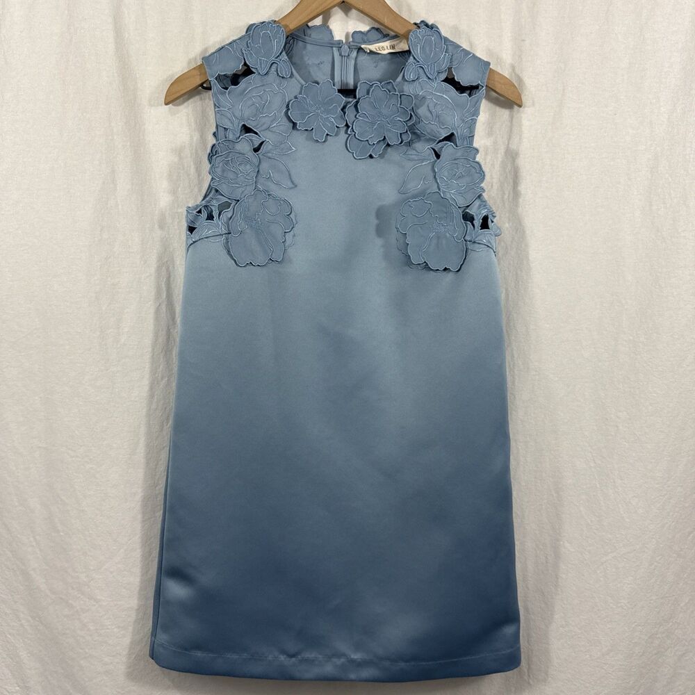 Leo Lin Blair Blue Floral Applique Mini Dress Womens Sz 4 Coquette Whimsy Garden